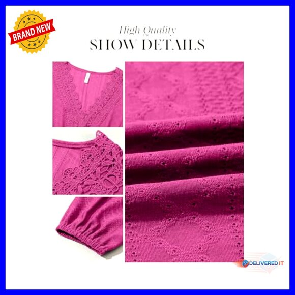 Lace Embroidered V-Neck Long Sleeve Mini Dress A-Line Swing Casual - Picture 6 of 7